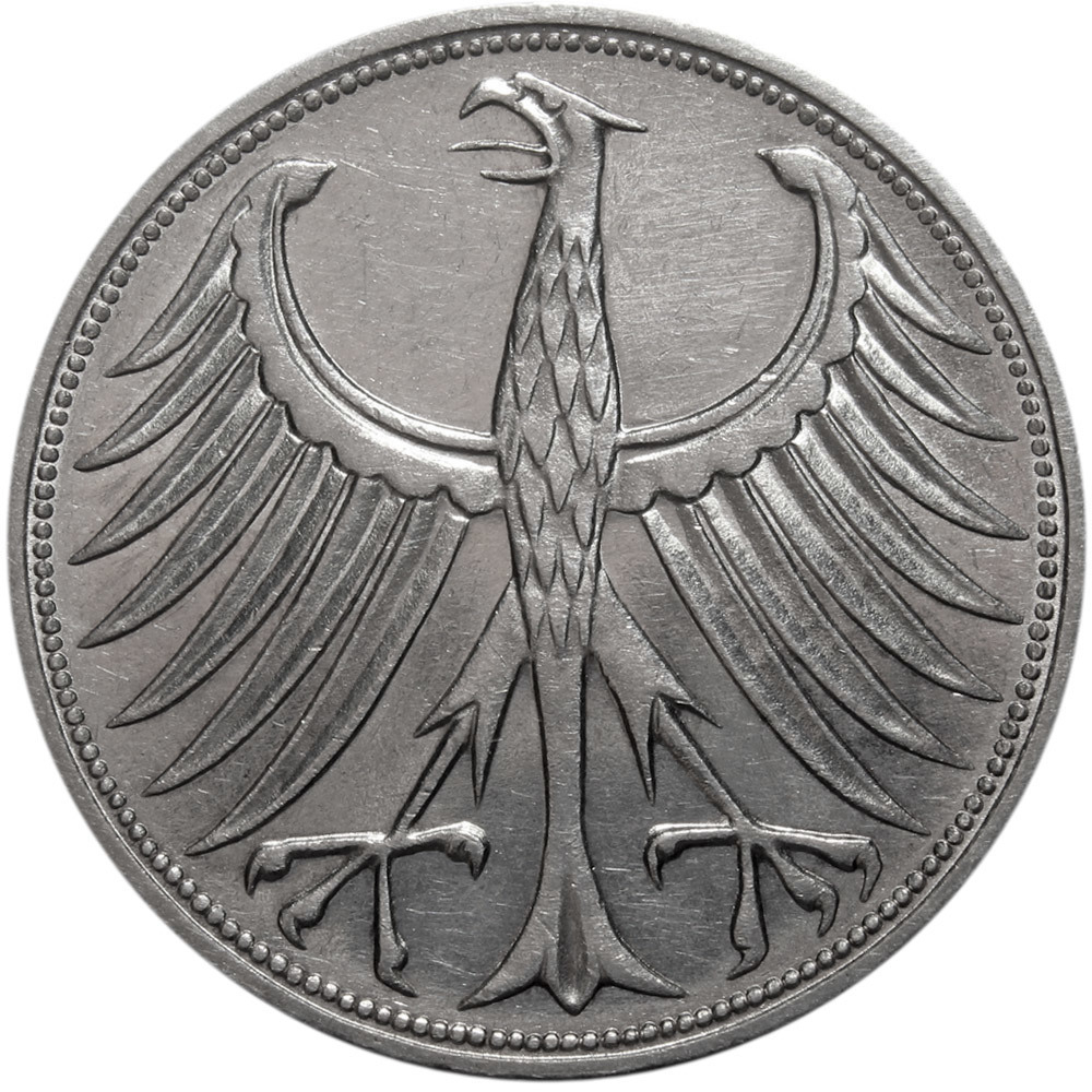 5 марок. Германия. (G). Серебро. 1967 год. XF-AU