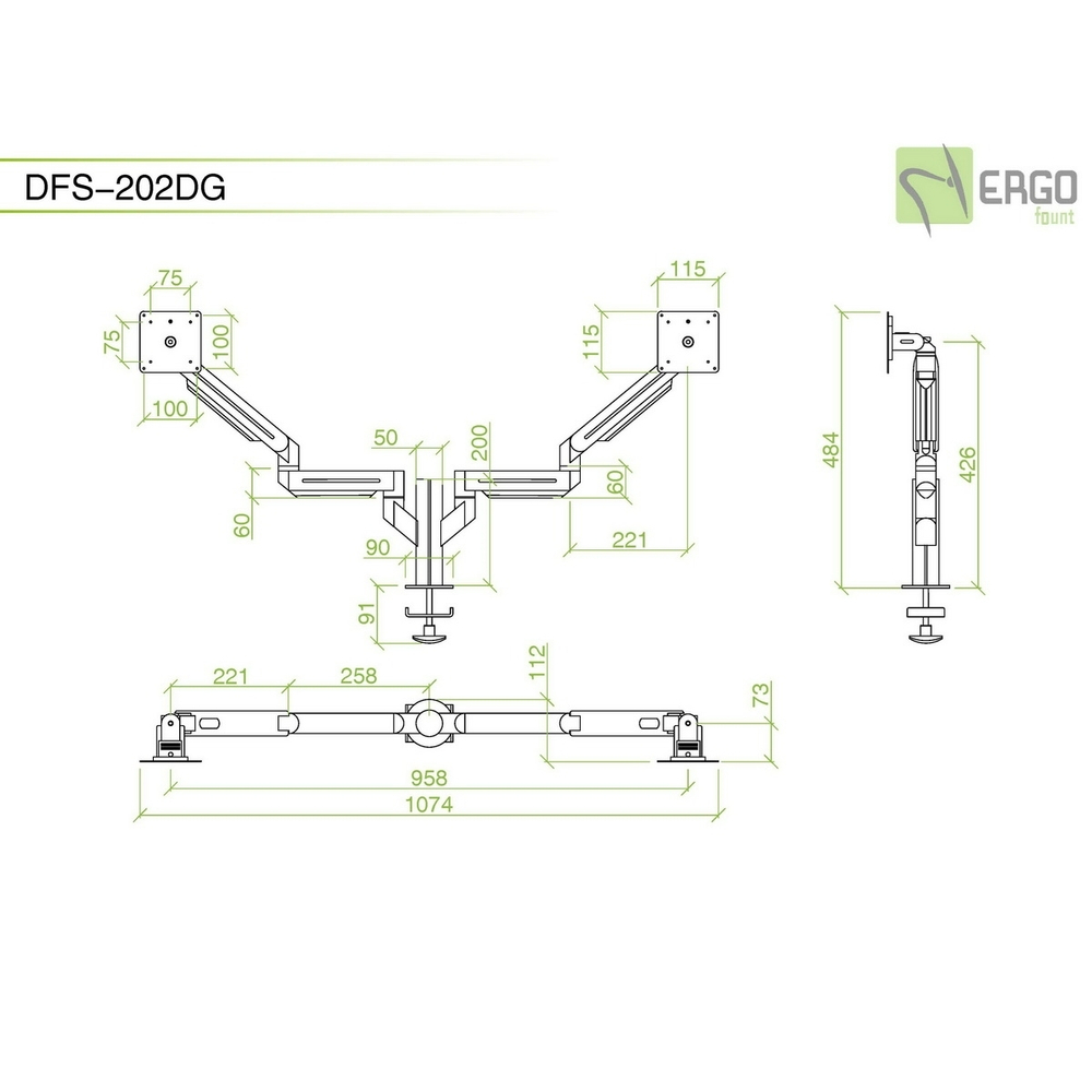 ErgoFount DFS-202DG Настольное крепление для 2 мониторов диагональю до 24'' с шарнирными двухколенными вылетами, газово-пружинными амортизаторами и струбциной к столу типа "G". Цвет - серебристый