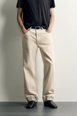 ZARA ДЖИНСЫ STRAIGHT FIT С КОНТРАСТНЫМИ ОТВОРОТАМИ, ЭКРЮ