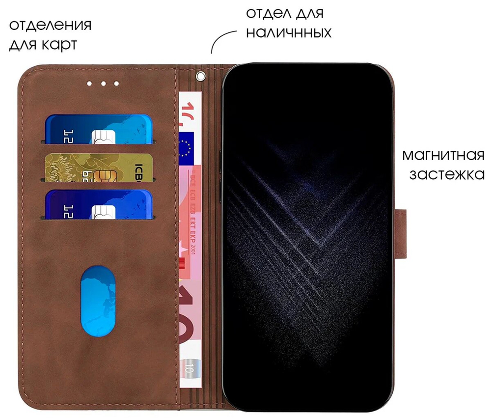 Кожаный чехол-книжка для REALME 8 / 8 PRO с отделом для наличных, 3 слотами для карт и подставкой