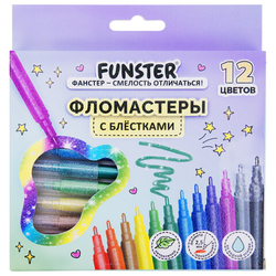 Фломастеры с блестками FUNSTER (ФАНСТЕР) "GLITTER" 12 цветов, ударопрочный наконечник, 152629