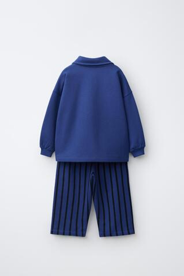 ZARA КОМПЛЕКТ: ПОЛО И БРЮКИ WIDE LEG В ПОЛОСКУ, ЯРКО-СИНИЙ