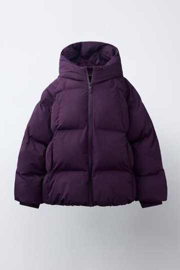 ZARA СТЕГАНАЯ КУРТКА С КАПЮШОНОМ WATER REPELLENT, ЛИЛОВЫЙ