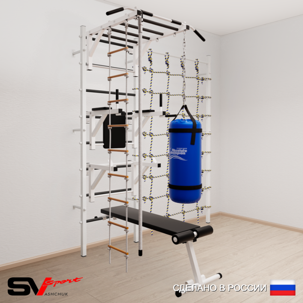 Шведская стенка Sv Sport 56520 (Турник рукоход/Брусья/Стойка/Скамья/Канат/Лестница/Цепь/Мешок 22кг/Канатный лаз)