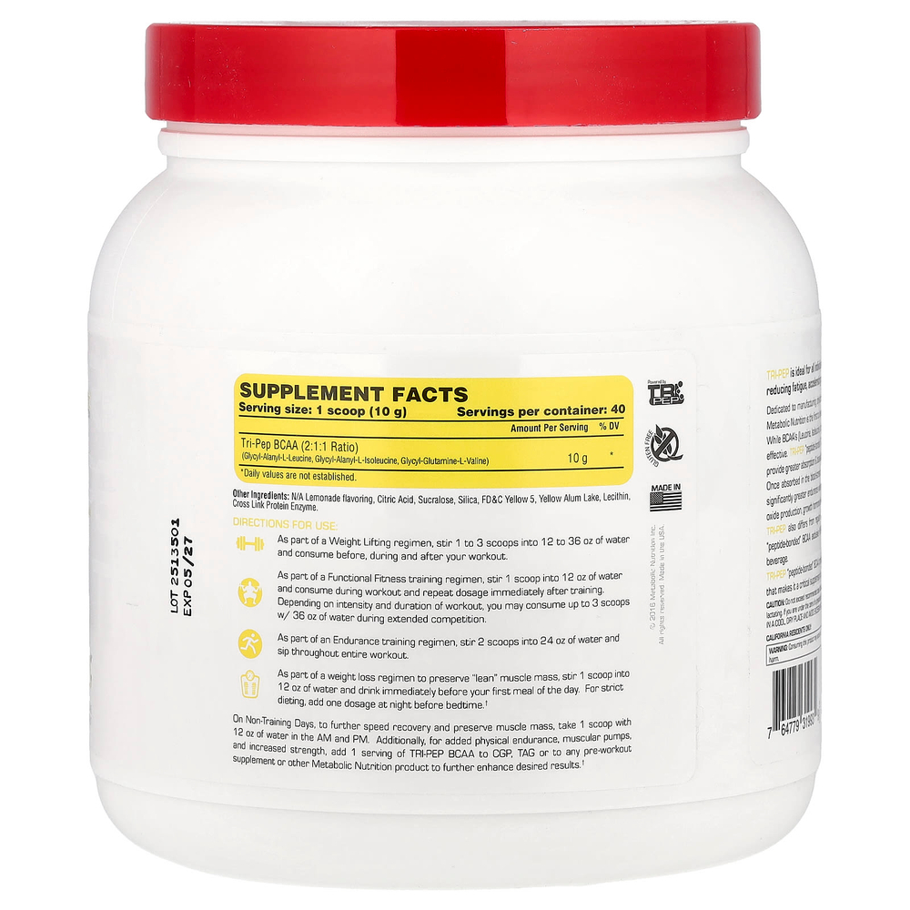 Metabolic Nutrition, Tri-Pep, аминокислота с разветвленной цепью, лимонад, 400 г (14,1 унции)
