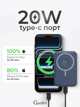 Powerbank Gurdini 3in1 Smooth Series Wireless Magnetic Charge (Apple Watch Charging) 3in1 20W Midnight Blue