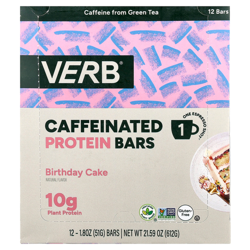 Verb Energy, Caffeinated Protein Bar, Birthday Cake, 12 Bars, 1.8 oz (51 g) Each