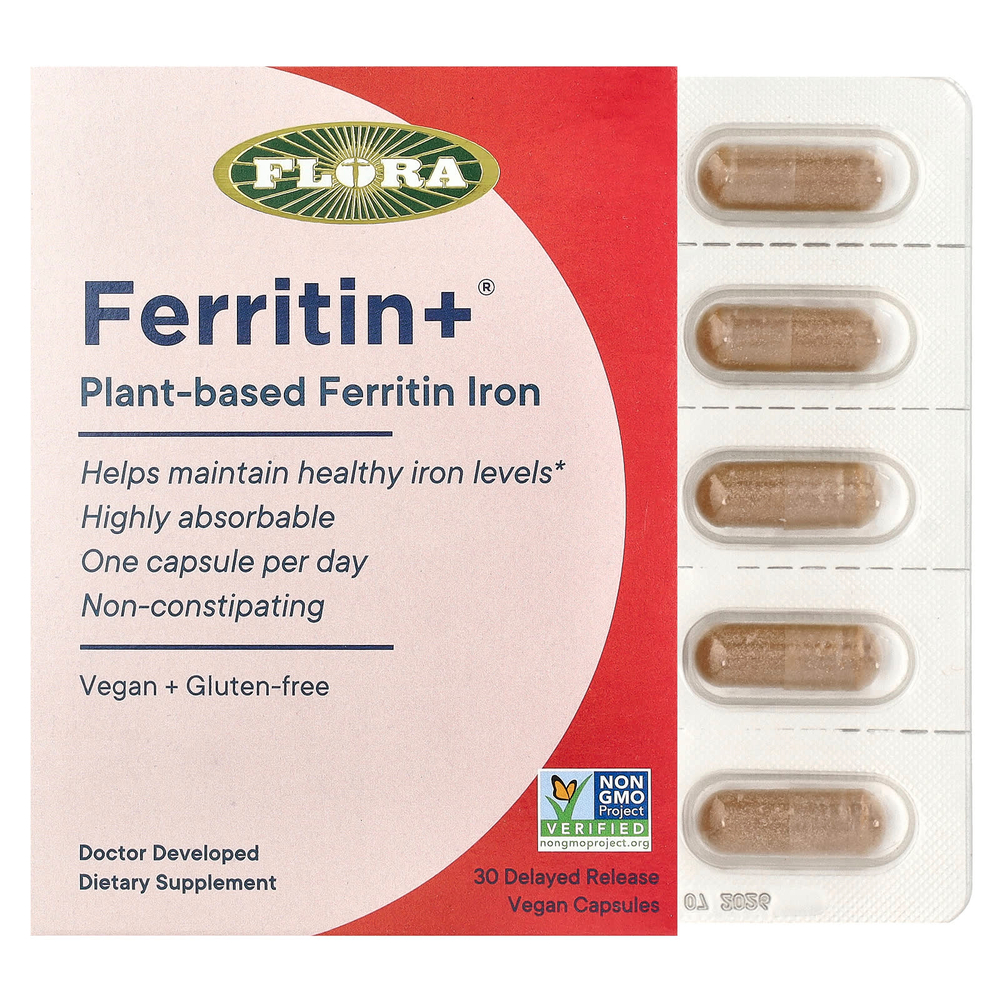 Flora, Ferritin+®, растительный ферритин (железо), 30 веганских капсул с отсроченным высвобождением (20 мг в 1 капсуле)