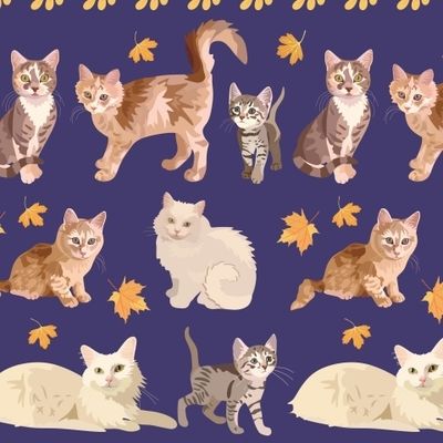 Коты и осенние листья на синем фоне