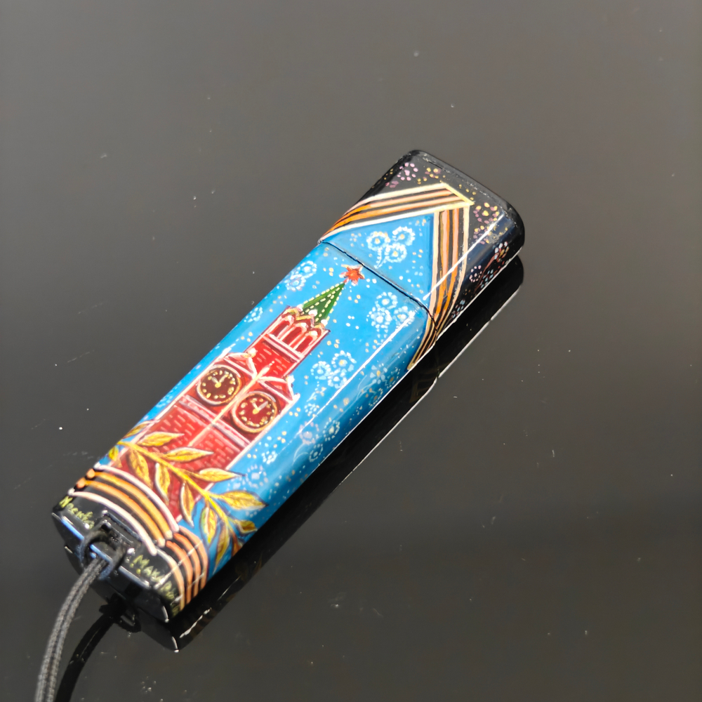 Флешка USB в футляре с ручной росписью Палех "Кремль. Звезда"