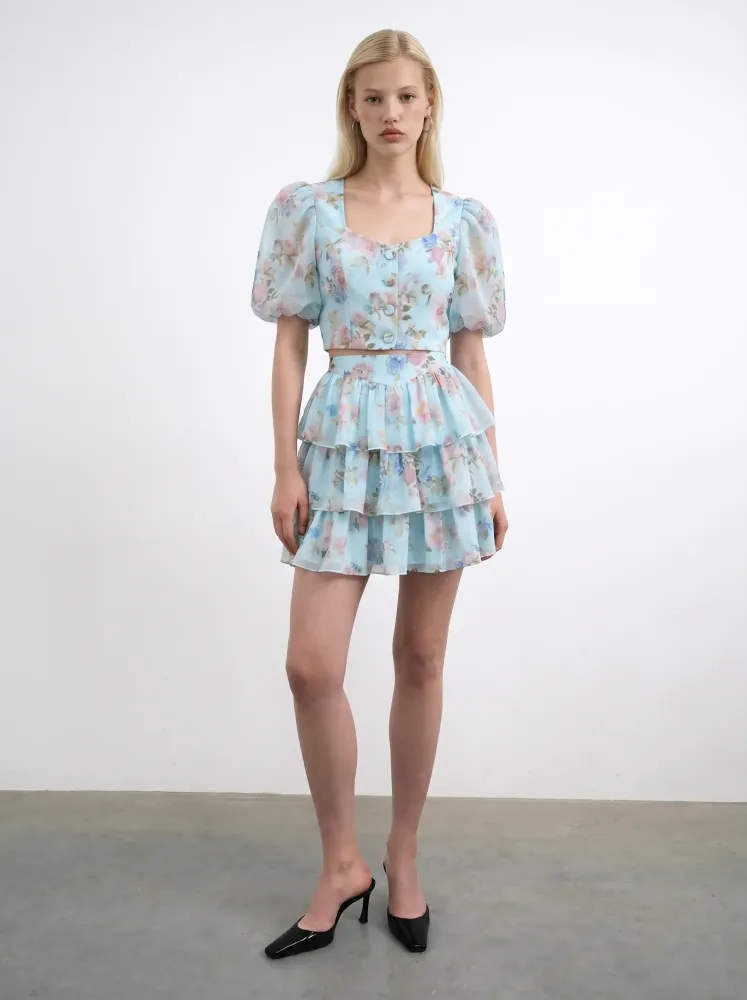 Бетти мини (Betty mini), юбка мини из голубого шифона с цветочным принтом