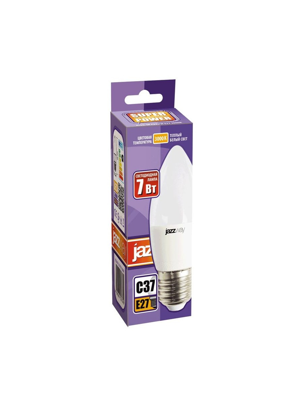 Лампа светодиодная PLED-SP 7Вт C37 свеча 3000К тепл. бел. E27 530лм 230В JazzWay 1027825-2