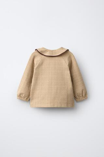 ZARA РУБАШКА ИЗ РЕЛЬЕФНОЙ ТКАНИ В ПОЛОСКУ С КРУЖЕВОМ, ОХРА