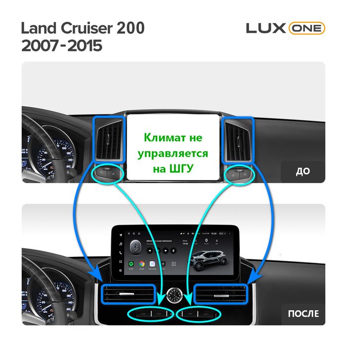 Магнитола для Toyota Land Cruiser 200 2007-2021 (экран климата снизу) - Teyes LUX ONE 360 монитор 12.3" на Android 10, Быстрая, CarPlay, 4G SIM-слот, 4 камеры в комплекте