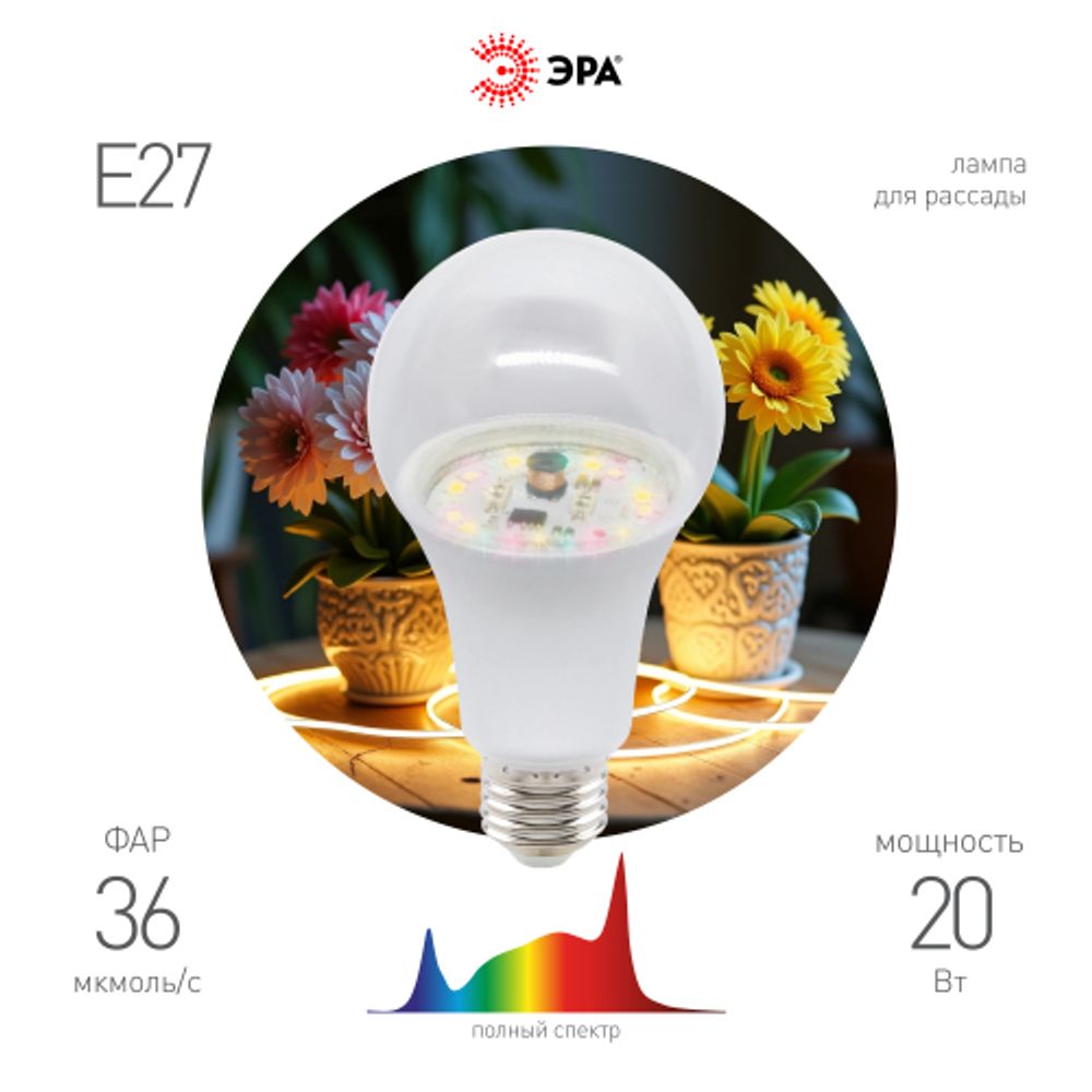 Фитолампа для растений светодиодная ЭРА GREEN LINE ФИТО A65-20W-PFR-E27-GR полного спектра 20 Вт Е27 | Фитолампы Е27