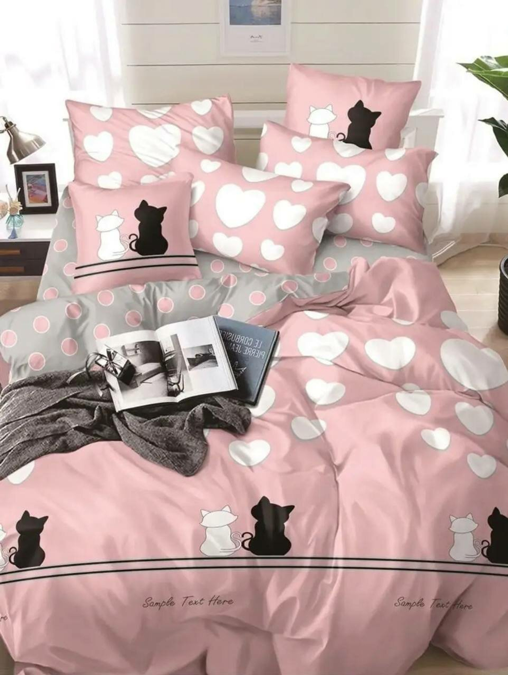 Комплект постельного белья Mency "Hearts and Cats" 2 спальный, простыня на резинке