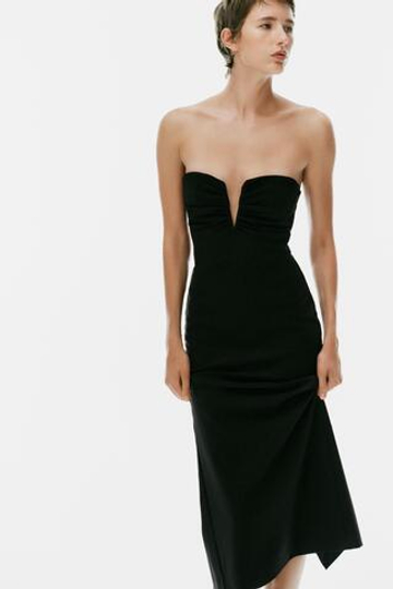 ZARA ПЛАТЬЕ МИДИ СО СБОРКАМИ И ВЫРЕЗОМ, ЧЕРНЫЙ