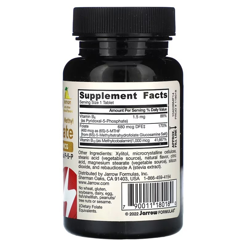 Jarrow Formulas, веганский метил B12 и метилфолат, лимон, 100 жевательных таблеток