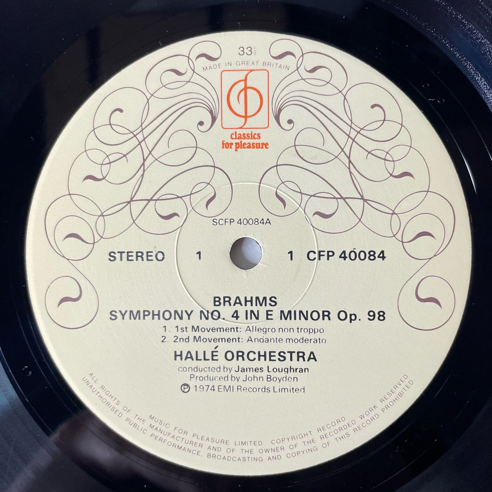 Винтажная виниловая пластинка LP Brahms Брамс, Halle Orchestra, James Loughran Симфония Symphony No.4 In E Minor (Англия 1974)