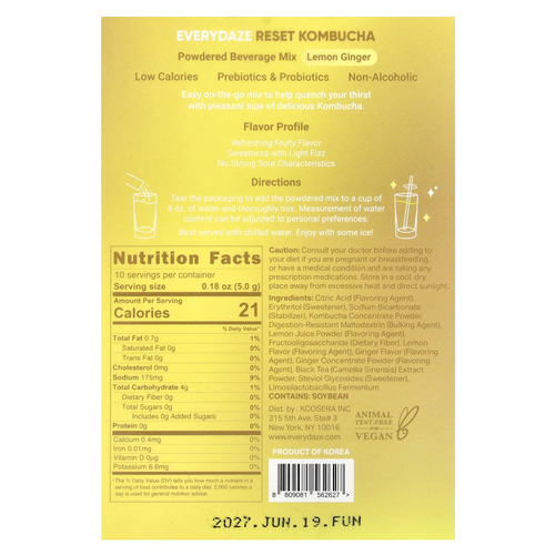Everydaze, Reset Kombucha, порошковая смесь для напитков, лимонный имбирь, 10 пакетиков по 5 г (0,18 унции)