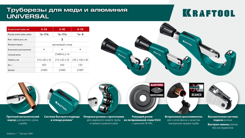 KRAFTOOL Universal-45, 3 - 45 мм, труборез для меди и алюминия (23485)