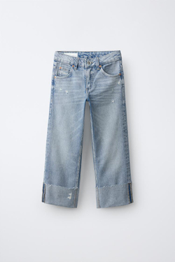 ZARA ДЖИНСЫ STRAIGHT С ОТВОРОТАМИ, ГОЛУБОЙ