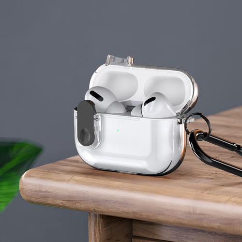 Прозрачный чехол с кнопкой черного цвета от Dux Ducis для наушников AirPods Pro 2, серия PECL Series Case, в комплекте с карабином