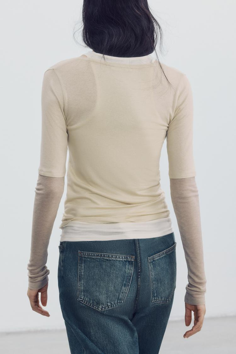 ZARA ФУТБОЛКА С ТРОЙНЫМИ ДЛИННЫМИ РУКАВАМИ, ЭКРЮ/БЕЖЕВЫЙ