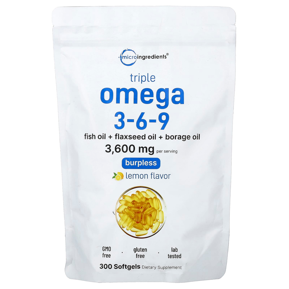 Micro Ingredients, омега-3, 6-9, со вкусом лимона, 300 капсул