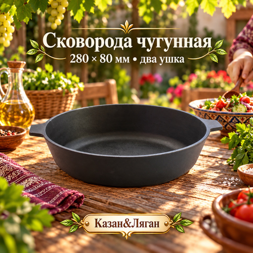 Сковорода литая чугунная 280х80 с двумя ушками Камск
