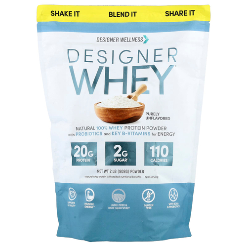 Designer Wellness, Designer Whey, натуральный 100%-ный сывороточный белок, чистый без вкуса, 908 г