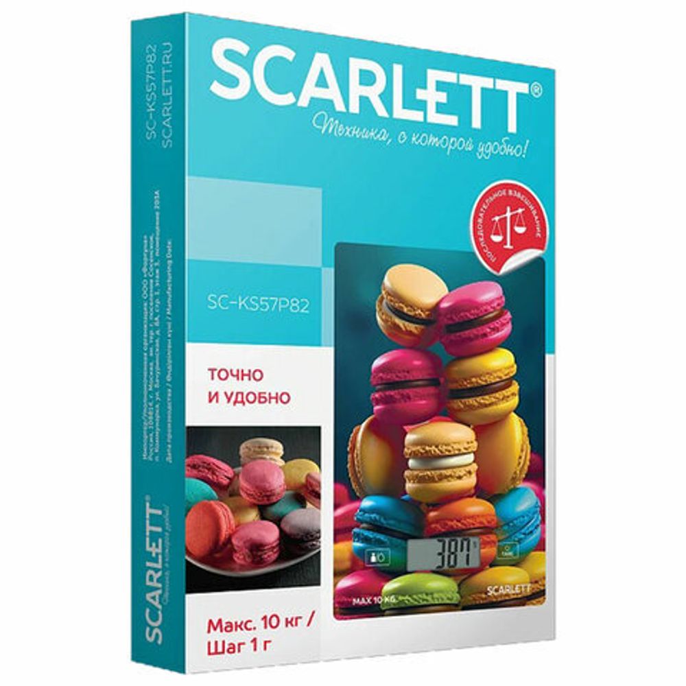 Весы кухонные SCARLETT SC-KS57P82, электронный дисплей, max вес 10 кг, тарокомпенсация, стекло