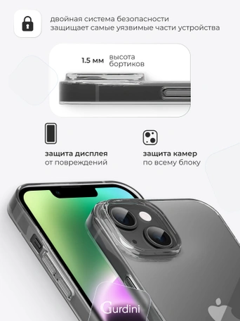 Чехол накладка iPhone 14 Plus 6.7" Gurdini плотный силикон 1.5 mm прозрачный
