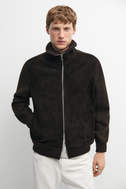 Massimo Dutti Куртка из замши и комбинированной вязки, коричневый