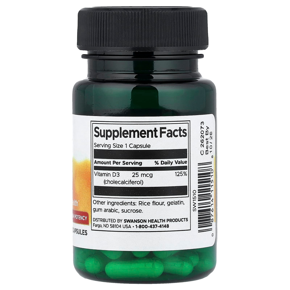 Swanson Vitamins, витамин D3, высокоактивный, 25 мкг (1000 МЕ), 60 капсул