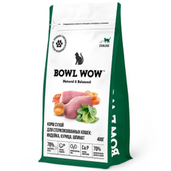 Сухой корм Bowl Wow для стерилизованных кошек, с индейкой, курицей и шпинатом - 0,4 кг