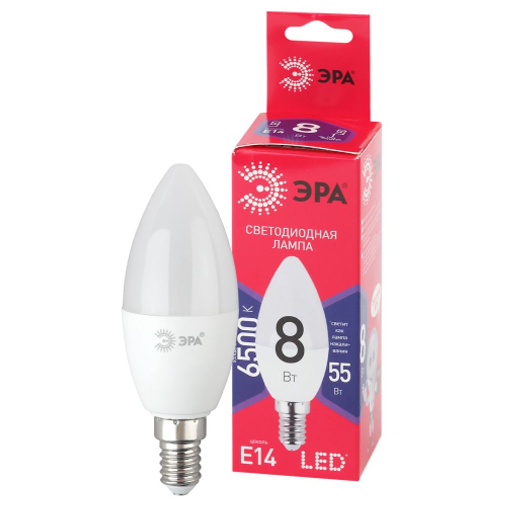 Лампа светодиодная ЭРА RED LINE LED B35-8W-865-E14 R 8Вт свеча холодный дневной свет Е14 | Лампы cветодиодные Свеча (B/C)
