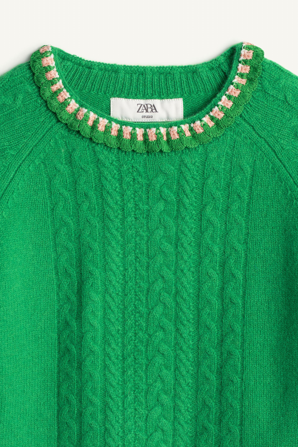 ZARA СВИТЕР С КРУГЛЫМ ВЫРЕЗОМ - LIMITED EDITION, ЗЕЛЕНЫЙ/ЭКРЮ