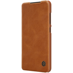 Коричневый кожаный чехол книжка от Nillkin для Samsung Galaxy S22 Ultra, серия Qin Pro Leather с защитной шторкой для камеры