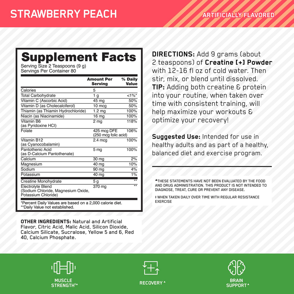 Optimum Nutrition, Creatine +, клубника и персик, 720 г (1,58 фунта)