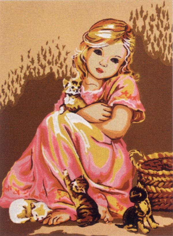 Рисунок для вышивания Soulos (канва жесткая), Малышка в розовом и котята, 45х60 см