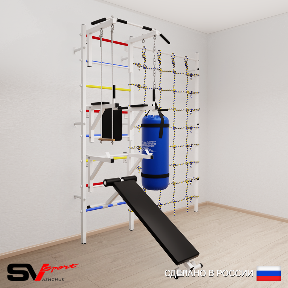 Шведская стенка Sv Sport усиленная 69330 (Турник стандарт/Брусья/Стойка/Скамья/Трапеция/Цепь/Мешок 30кг/Канатный лаз)