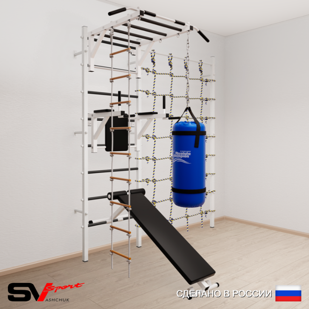 Шведская стенка Sv Sport усиленная 65210 (Турник рукоход/Брусья/Скамья/Лестница/Цепь/Мешок 15кг/Канатный лаз)
