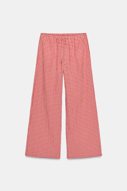 ZARA ШИРОКИЕ БРЮКИ В КЛЕТКУ ВИШИ, БЕЛЫЙ/КРАСНЫЙ