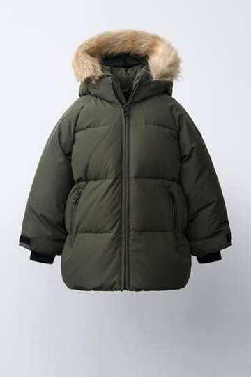 ZARA ВОДОНЕПРОНИЦАЕМАЯ И ВЕТРОЗАЩИТНАЯ ПУХОВАЯ КУРТКА С КАПЮШОНОМ, ТЕМНО-ЗЕЛЕНЫЙ
