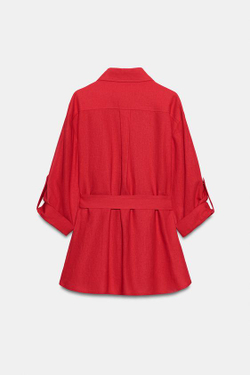 ZARA КУРТКА-САФАРИ ИЗ ЛЬНА С ПОЯСОМ, КРАСНЫЙ
