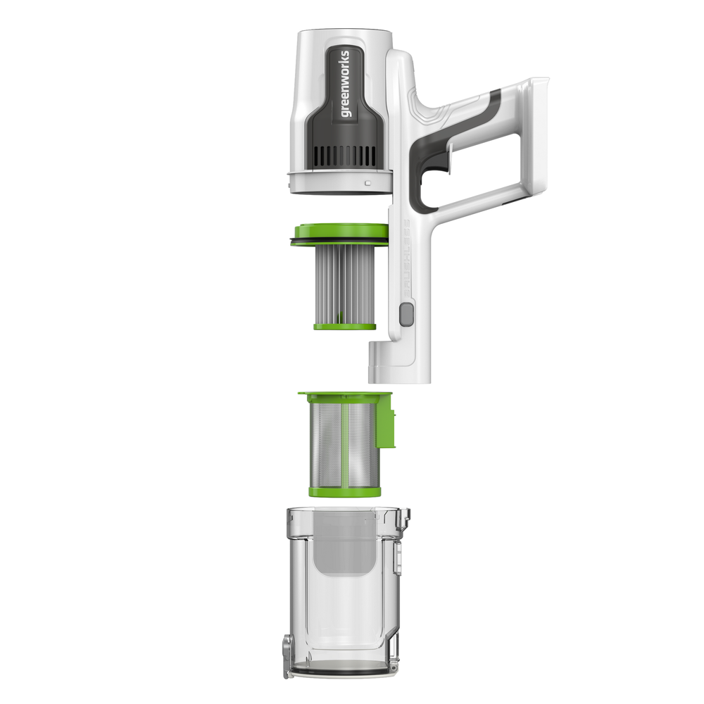 Пылесос вертикальный акк. Greenworks SV24360, 24V, б/щет, 250 Вт, 17 кПа, электрощетка, 2 насадки, LED, белый+серебро, без АКБ (4702107)