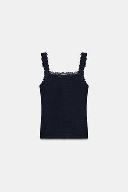 ZARA КРУЖЕВНОЙ ТОП В СТИЛЕ ХЕНЛИ, МОРСКОЙ СИНИЙ
