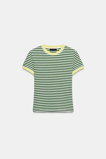 ZARA ФУТБОЛКА В ПОЛОСКУ С КОРОТКИМ РУКАВОМ, ЭКРЮ/ЗЕЛЕНЫЙ