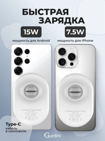 Автодержатель на дефлектор Gurdini Wireless Magsafe Car Charger Белый
